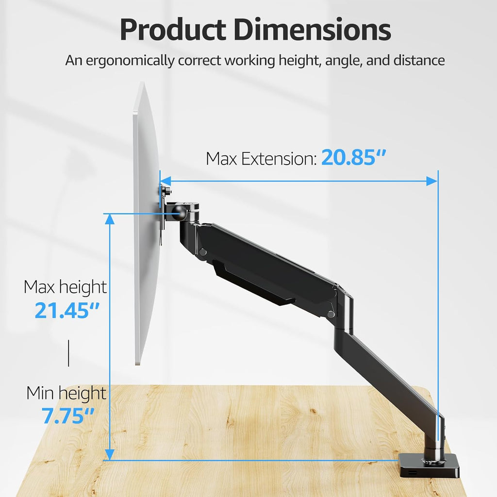 MOUNTUP Single Monitor Mount with USB Fits 42 40 35 32 27 24 Heavy Duty Widescreen, Gas Spring Monitors Stand for Desk, Holds 4.4-33 lbs Screen, Ultrawide Monitor Arm, VESA Mount Clamp/Grommet Base