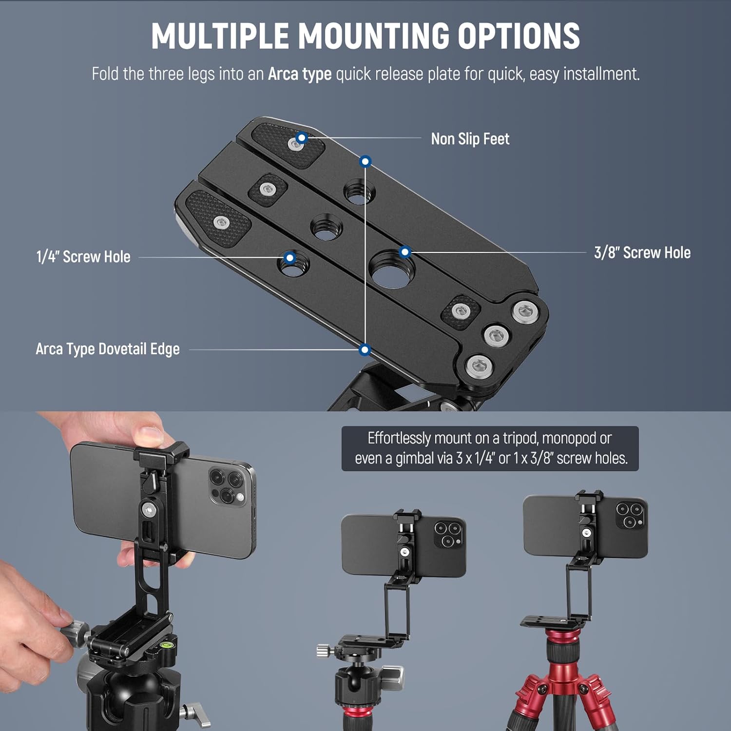 NEEWER Phone Tripod Mount with Cold Shoes, Metal Smartphone Adapter Compatible with iPhone, Multi Angle Tri Fold Cell Phone Holder, Handheld Grip for Streaming Vlog SP-04