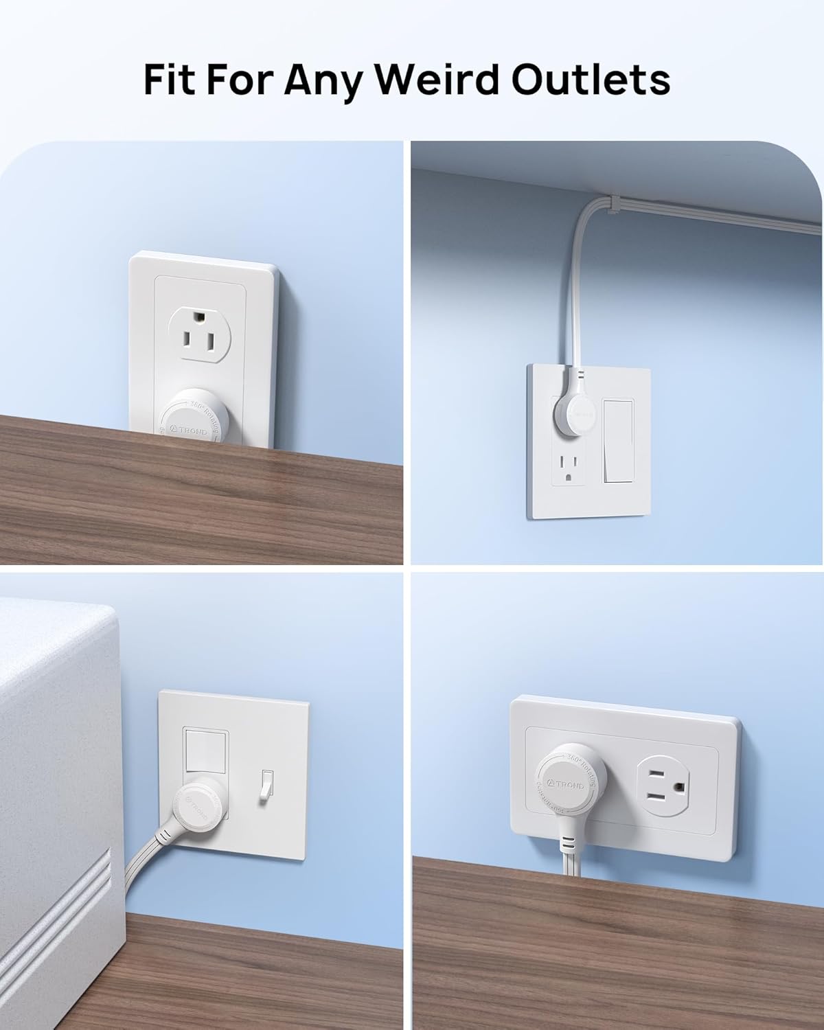 TROND 360° Rotating Flat Plug Extension Cord Surge Protector 15ft, Small Power Strip with 900 Joules, 3 Side Grounded Outlets, 13A, SPT 16/3 Gauge Wire, for Indoor Home Office Dorm Essentials, White