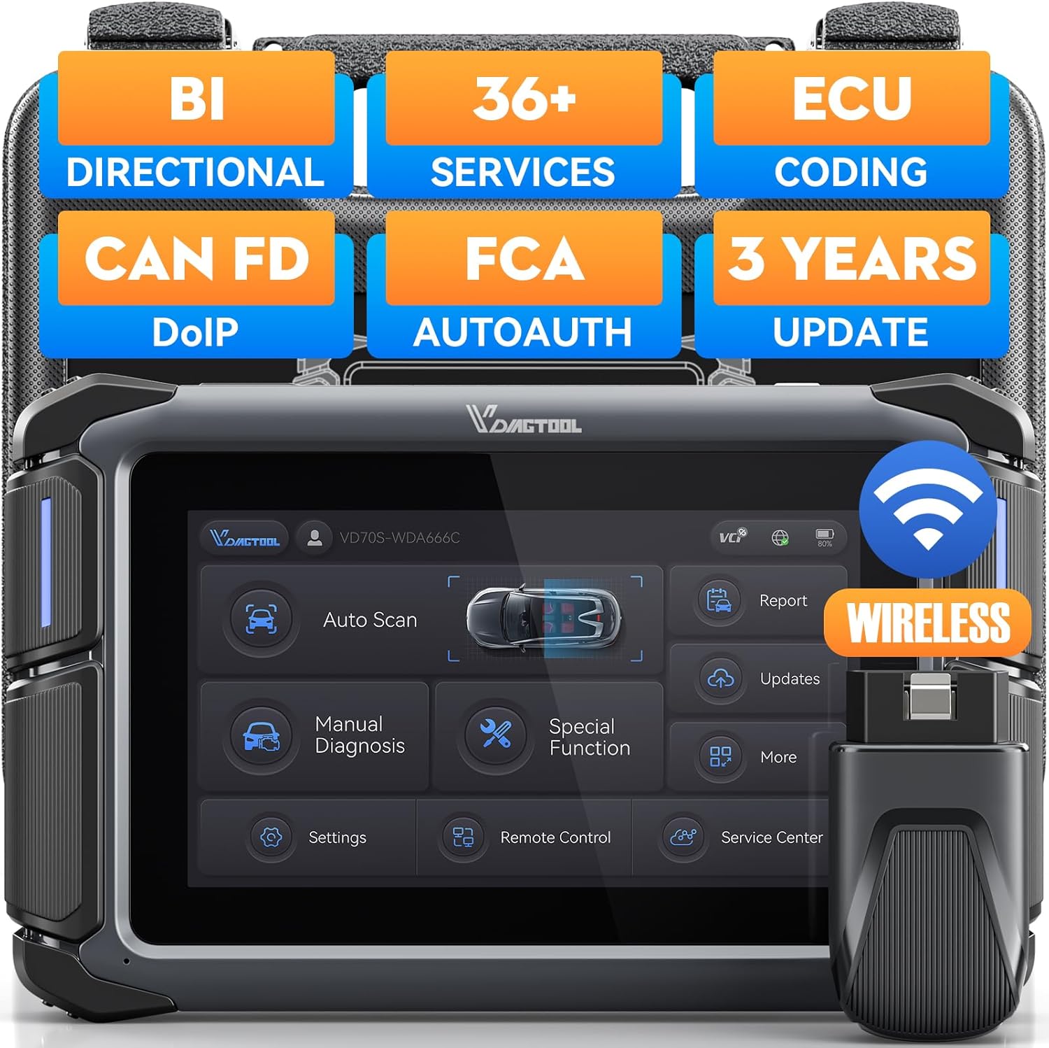Bidirectional Scan Tool VDIAGTOOL VD70S, 2025 Wireless OBD2 Scanner Diagnostic Tool with 36+ Resets, All System Scanner for Car, FCA Autoauth, CAN FD & DoIP, ECU Coding, PMI, 3 Years Update
