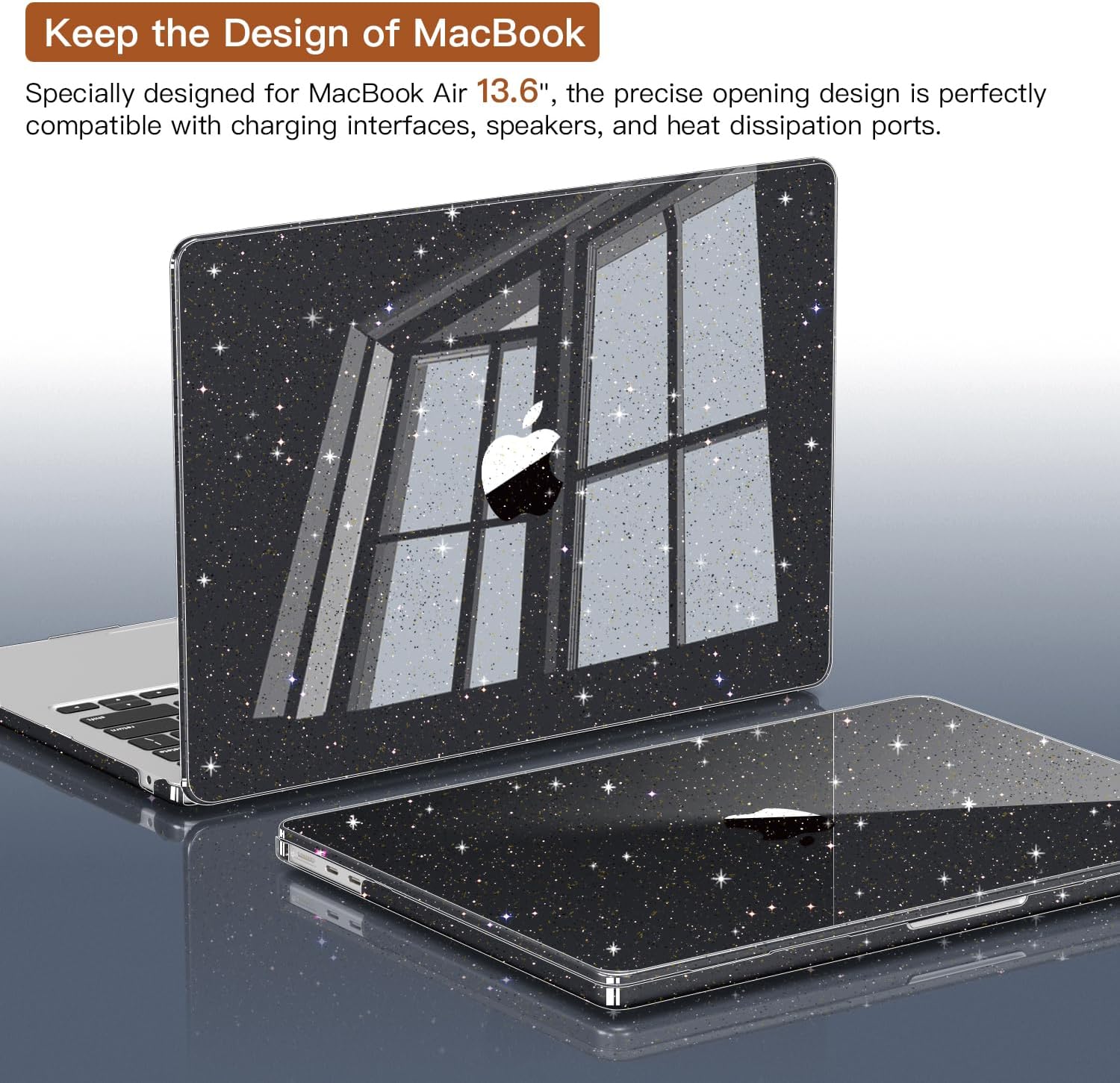 CISSOOK Black Glitter Case for MacBook Air 13.6 inch 2025 2024 2022 Release Model A3240 A3113 A2681, Sparkly Black Hard Shell Case with Keyboard Cover USB Adapter for MacBook Air 13 M2 M3 M4