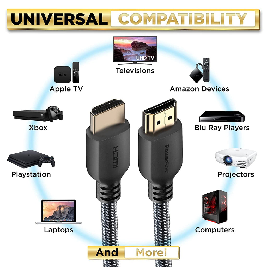 PowerBear 4K HDMI Cable 25 ft | High Speed Hdmi Cables, Braided Nylon & Gold Connectors, 4K @ 60Hz, Ultra HD, 2K, 1080P, ARC & CL3 Rated | for Laptop, Monitor, PS5, PS4, Xbox One, Fire TV, & More