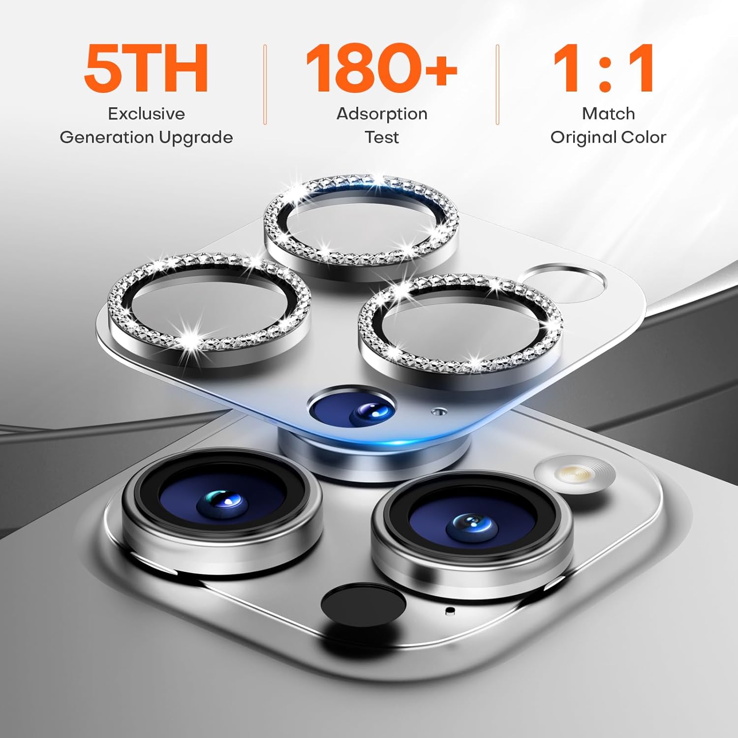 Camera Lens Protector for iPhone 16 Pro Max/16 Pro/15 Pro Max/15 Pro/14 Pro Max/14 Pro, Aluminum Alloy Sapphire Glass Camera Screen Cover, Case Friendly-Silver Diamond
