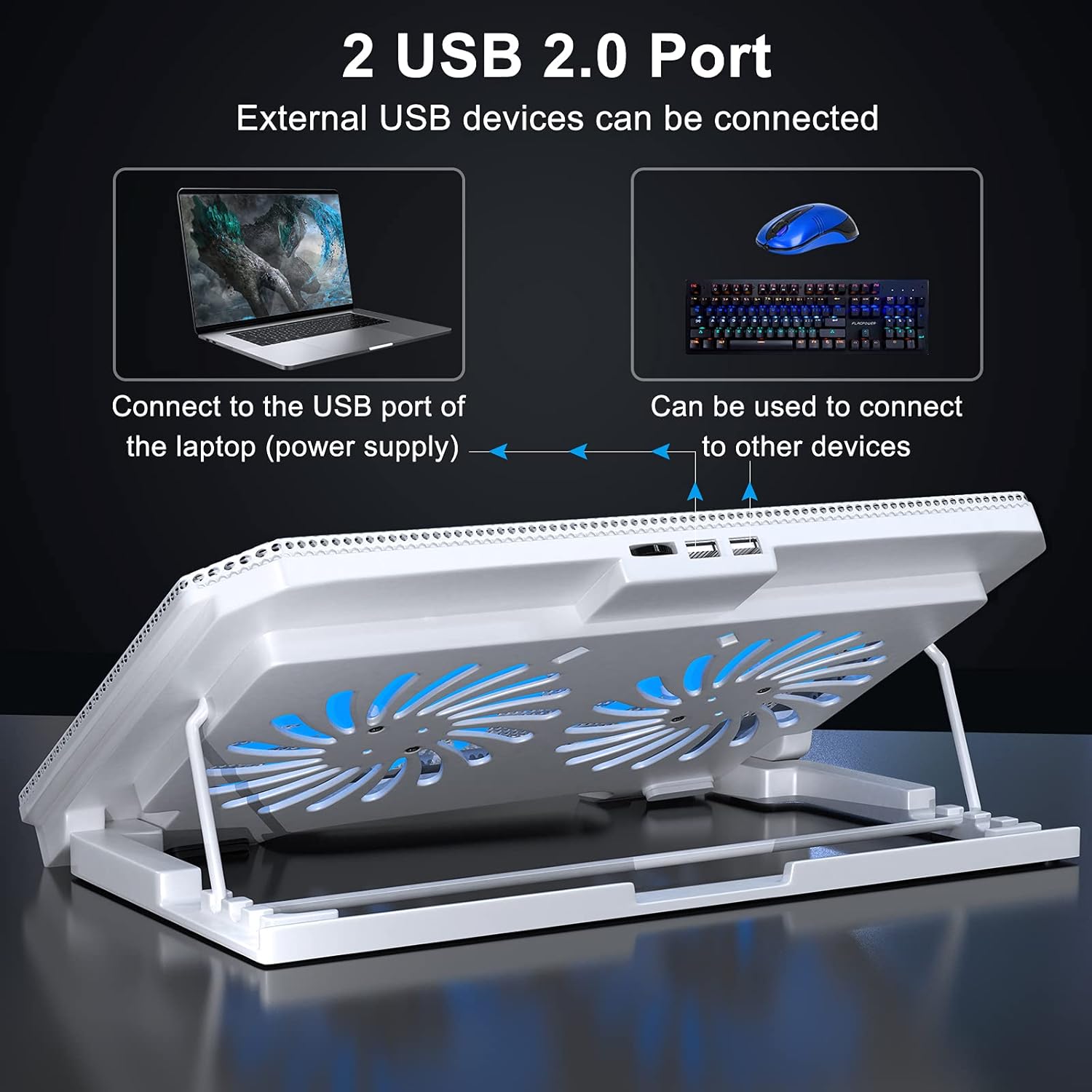 LIENS Laptop Cooling Pad with Adjustable Height Two 5.1 Inches Fan 2 USB Ports Suitable for 12"-15.6" Laptops（White）