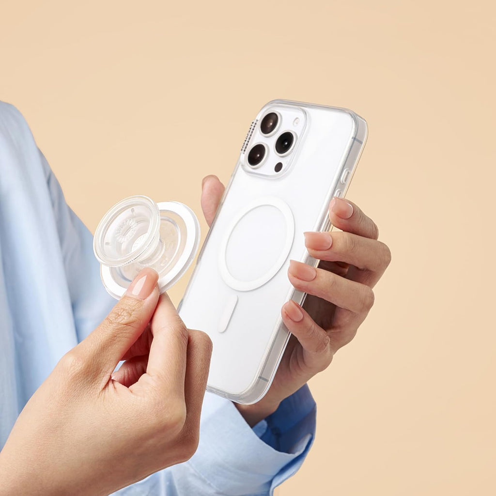 PopSockets Phone Grip for MagSafe with Kickstand, Magnetic Stand, Swappable Top, Secure Hold for iPhone MagSafe Cases, Phone & Tablet Grip - Clear
