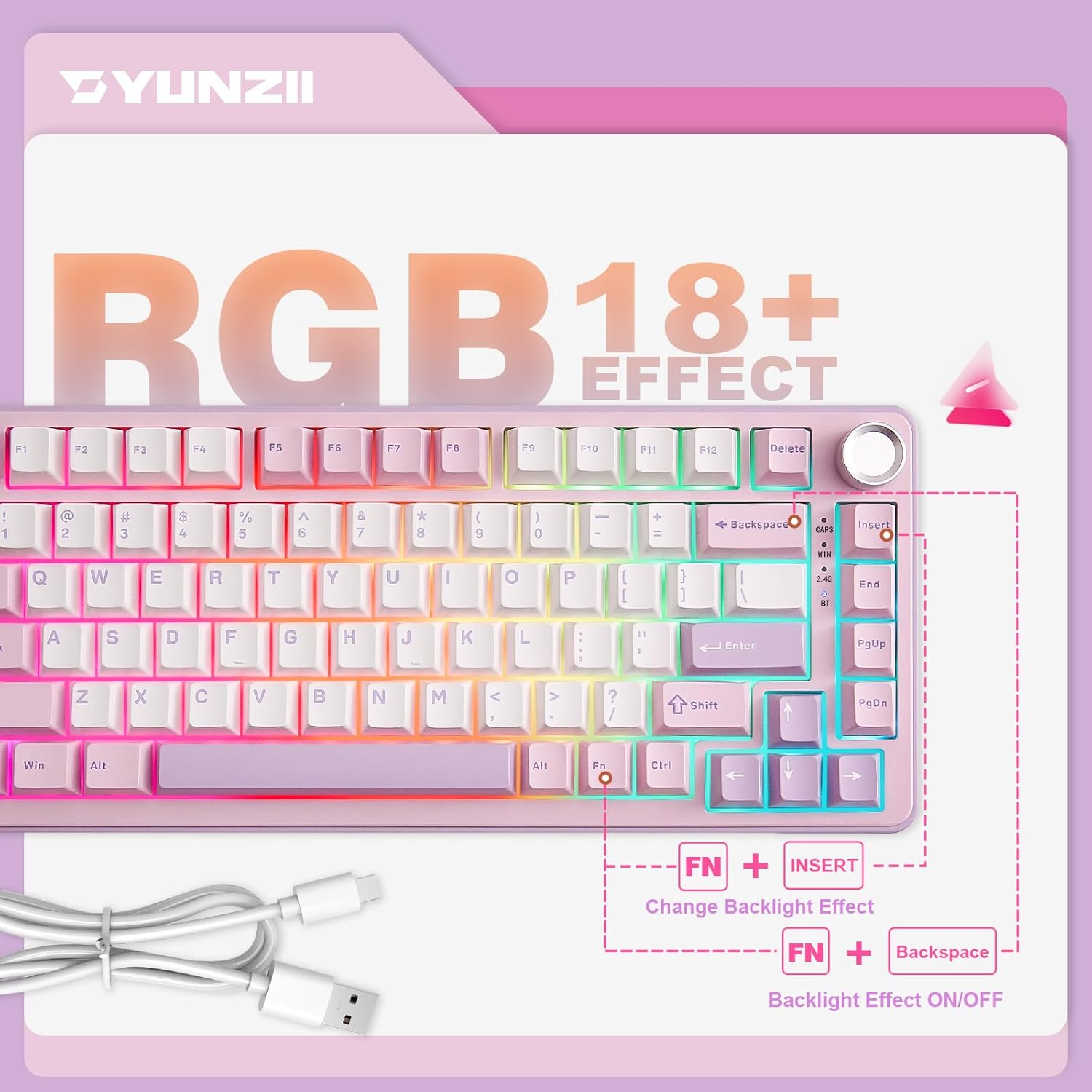 YUNZII B75 PRO Wireless Mechanical Keyboard,75% Layout with Knob,Hot Swap Gasket Custom Structure,Creamy Pre-lubed Switches,RGB Backlit,Bluetooth/Type-C/2.4G for Win/Mac(Milk Switch,Purple)