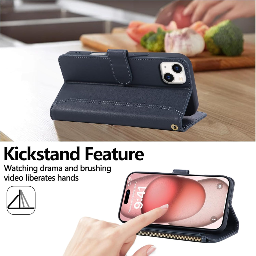 Compatible with iPhone 15 Wallet Phone Case-PU Leather Magnetic Flip Cover with Credit Card Slots,Zipper Pocket & Detachable Wrist Strap,Shockproof Design,for Women and Men-Navy Blue