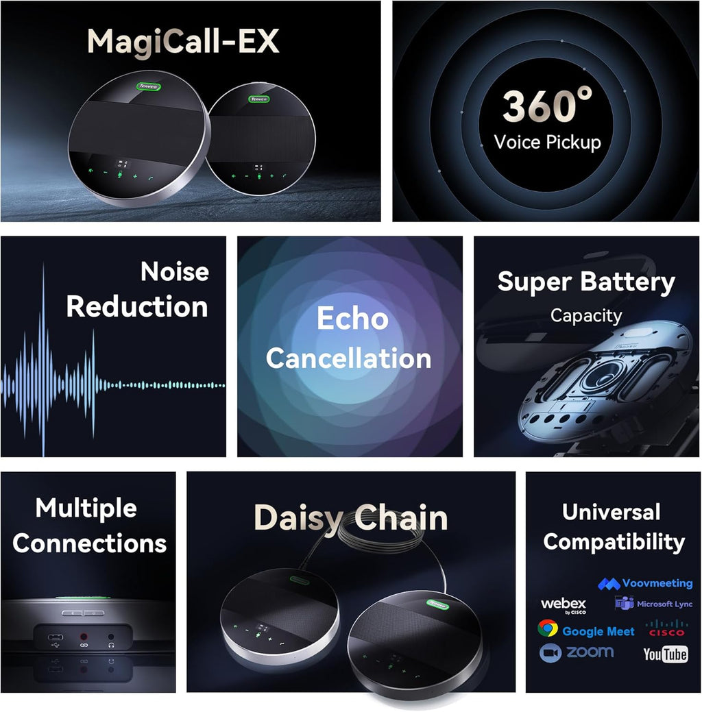 Tenveo MagiCall-EX Bluetooth Conference Speakerphone, Daisy Chain/Use Alone up to 30 attendees, Bluetooth/Wireless/USB Microphone, 360°Voice Pickup Noise Cancelling for Conference Call Large Meeting