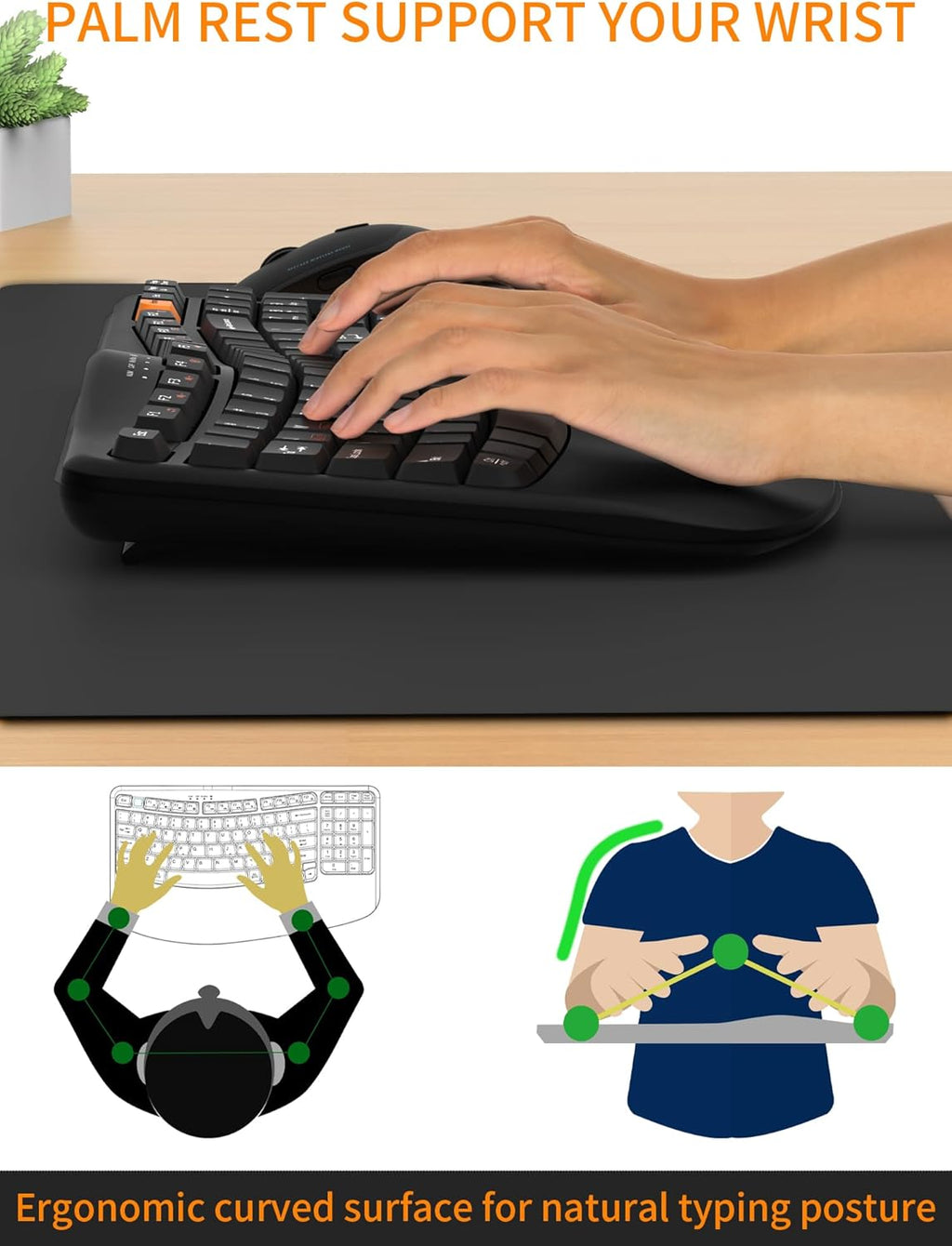 Wireless Keyboard and Mouse Combo, 2.4G Wave Keys Ergonomic Keyboard with Palm Rest and 3 DPI Silent Mouse, Compact Size for Natural Typing, Spill-Resistant, for Windows/PC/Laptop/Mac(Black)