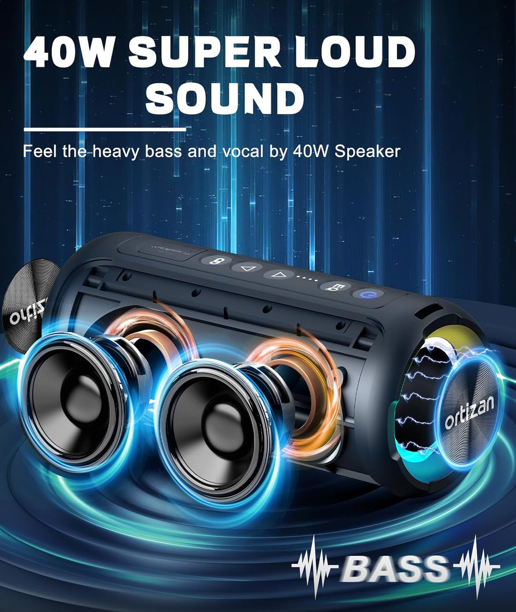 Ortizan Bluetooth Speakers, Portable Wireless Stereo Speaker - IPX7 Waterproof, 30W RMS(40W Peak) Loud Sound, Deep Bass, LED Light, Bluetooth 5.3, for Home/Shower/Outdoor/Beach, Gifts for Adult, Navy