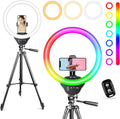 Sensyne 10'' RGB Ring Light with 50'' Extendable Tripod Stand, Circle Lights with Phone Holder for Live Stream/Makeup/YouTube Video/TikTok, Compatible with All Phones