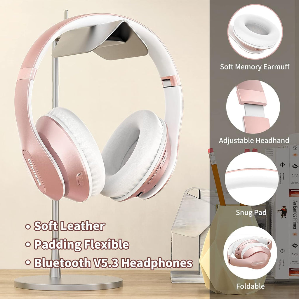 Wireless Bluetooth Headphones Over Ear 65H Playtime HiFi Stereo Headset with Microphone and 6EQ Modes Foldable Bluetooth V5.3 Headphones for Travel Smartphone Computer Laptop Rose Gold