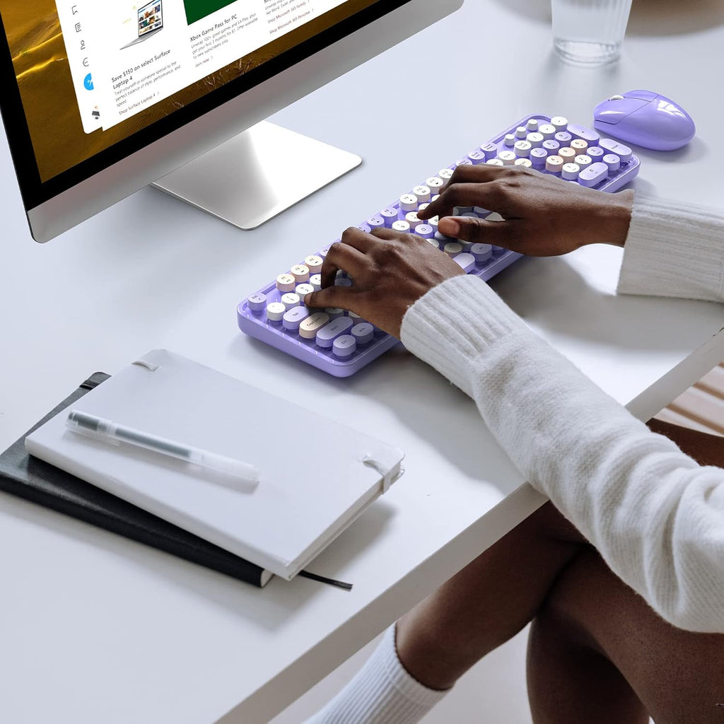 KNOWSQT Wireless Keyboard and Mouse Combo Purple Colorful - 2.4G Typewriter Full-Size Retro Keyboards - USB Receiver Plug and Play, for Computer, PC, Laptop, Desktop, Windows