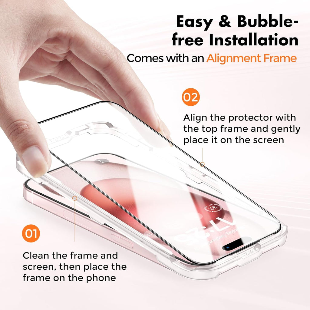 UNBREAKcable 3-Pack Screen Protector for iPhone 15, Double Shatterproof Tempered Glass [Easy Installation Frame] [99.99% HD Clear] [9H Hardness] [Full Coverage] [Case Friendly] for iPhone 6.1 inch