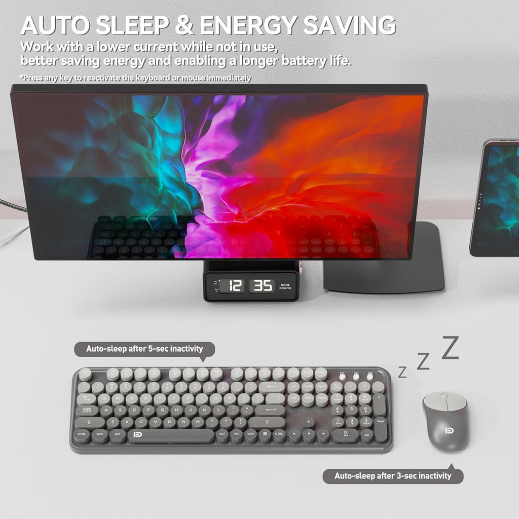 Wireless Keyboard and Mouse Combo, 104 Round Keys Cute Colorful Cordless Keyboard and Mouse with Retro Typewriter Black