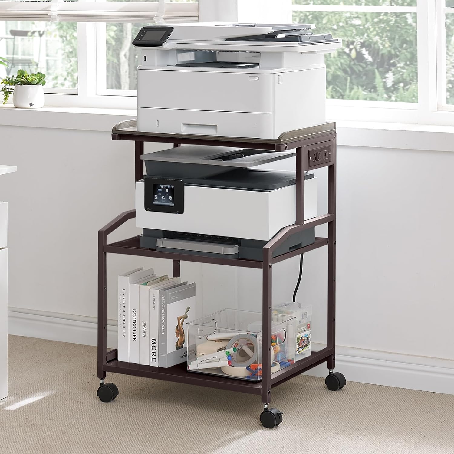 Lauren&Harold 34'' Printer Stand with Power Outlets & USB Ports, 3-Tier Adjustable Rolling Cart, Heavy Duty 150LBS Storage Table with Wheels for Office, Kitchen, Living Room, Bronze