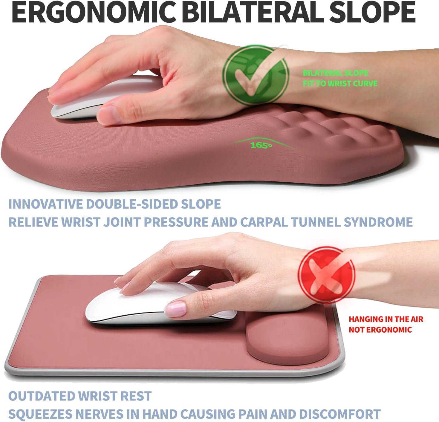 Ergonomic Raised Mouse Pad Wrist Support with Bilateral Slope Memory Foam Mousepad for Wrist Rest and Carpal Tunnel Pain Relief 11.8x7.9〃 Salmon Pink