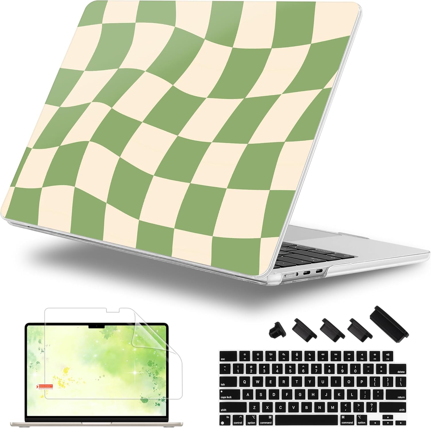 Case for MacBook Air 15 Inch 2025 2024 2023 Release M4 A3241 M3 A3114 M2 A2941, Hard Shell with Screen Protector & Keyboard Cover, Compatible with Touch ID, Green Checkered