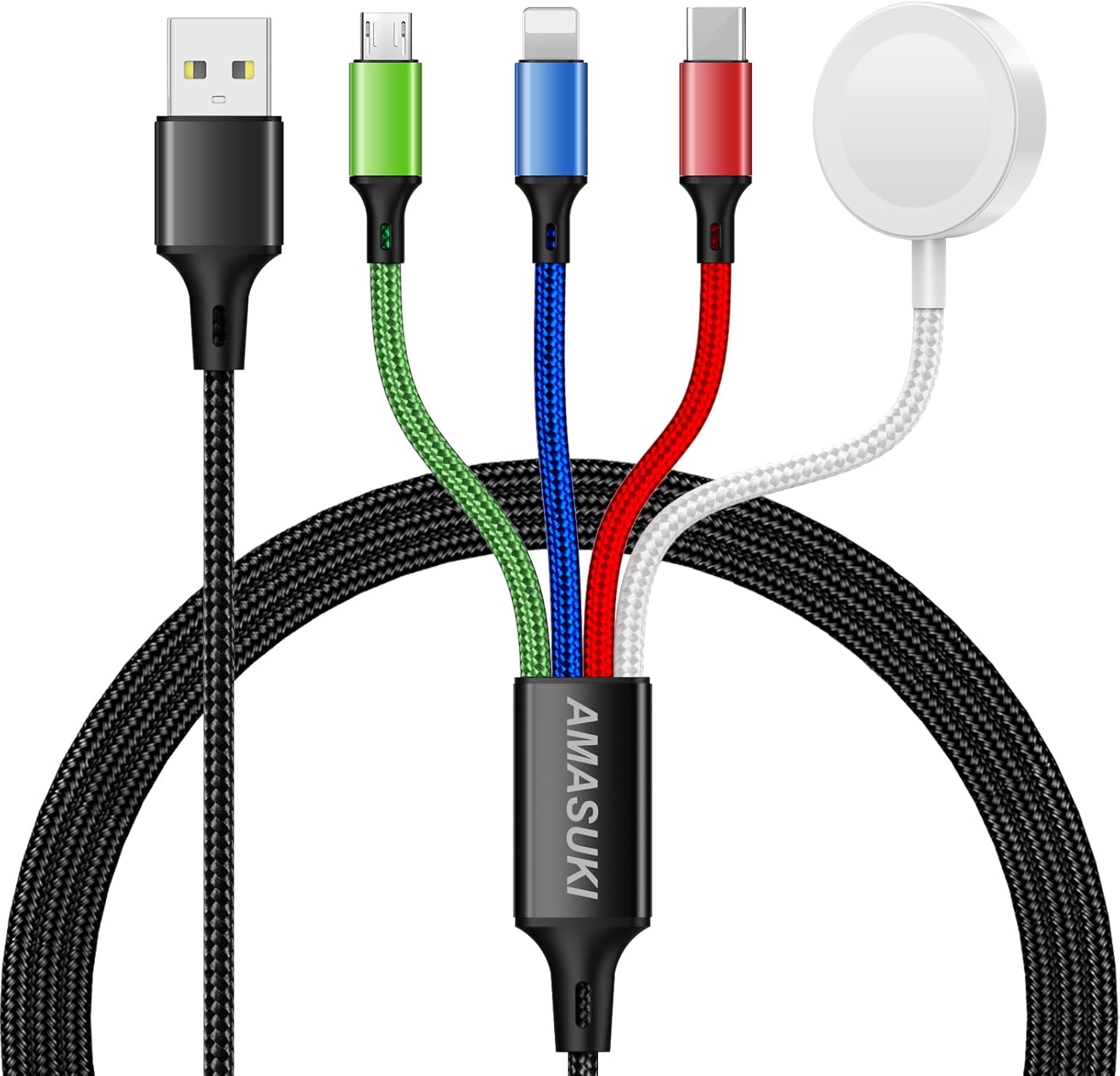 Upgraded Travel Essentials for Apple Watch Charger 4 in 1 Multi Charging Cable iWatch Charger Camping Essentials USB C/L/Micro Compatible with iWatch Series 10-1/SE/iPhone 16 15/Galaxy Android-4FT