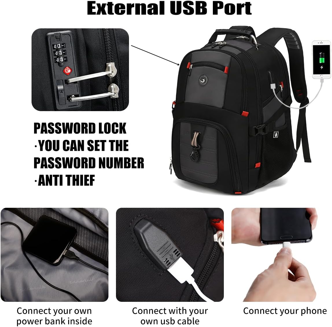 SHRRADOO Extra Large 50L Travel Laptop Backpack with USB Charging Port, College High School Backpack Airline Approved Business Work Bag Fits 17 Inch Computer for Men Women