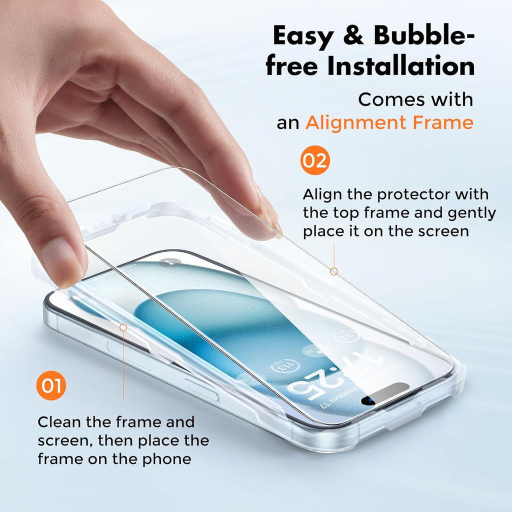 UNBREAKcable 3-Pack Screen Protector for iPhone 15, Double Shatterproof Tempered Glass [Easy Installation Frame] [9H Hardness] [99.99% HD Clear] [Case Friendly] for iPhone 6.1 inch