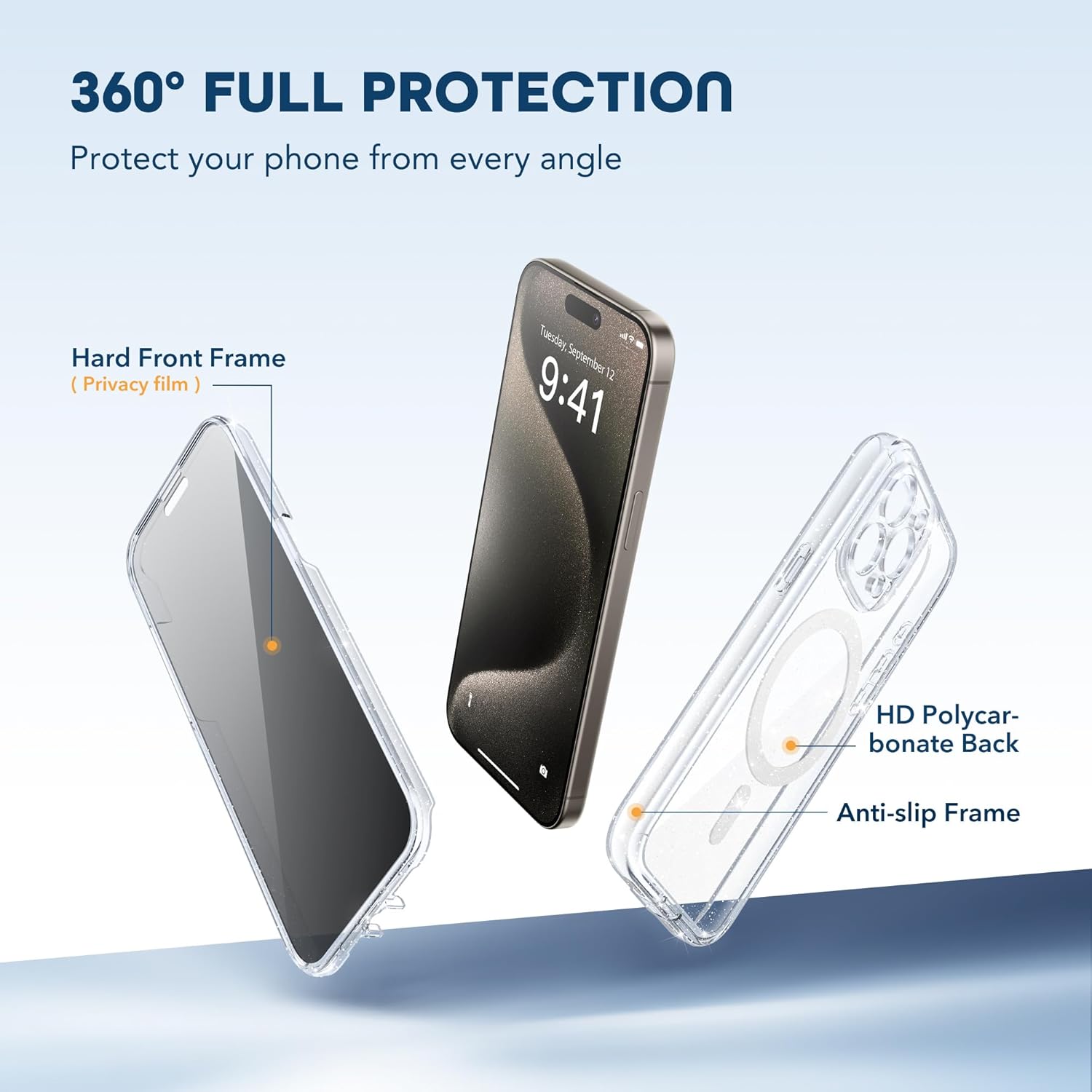 Magnetic for iPhone 15 Pro Max Case, Compatible with MagSafe, Built-in Privacy Screen Protector and Camera Protection, Anti Spy Full Body Dustproof Shockproof Hard Phone Case 6.7", Shiny Clear