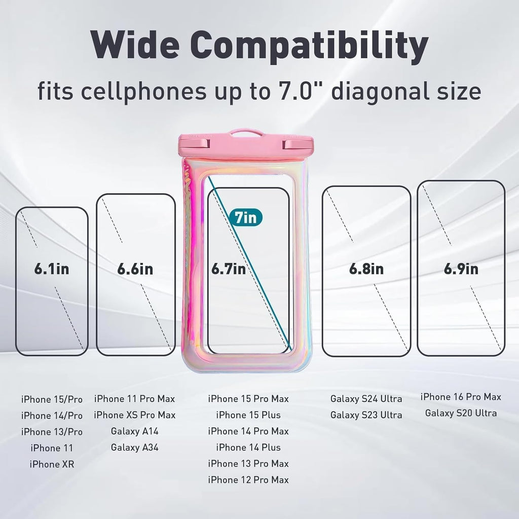 Floatable Waterproof Phone Pouch Case 2 Pax for iPhone 16 Pro Max/15/14/13/12, IP68 Travel Cellphone Dry Bag Beach Cruise Ship Essentials Bags with Crossbody Lanyard, Iridescent Pink and Blue-7″