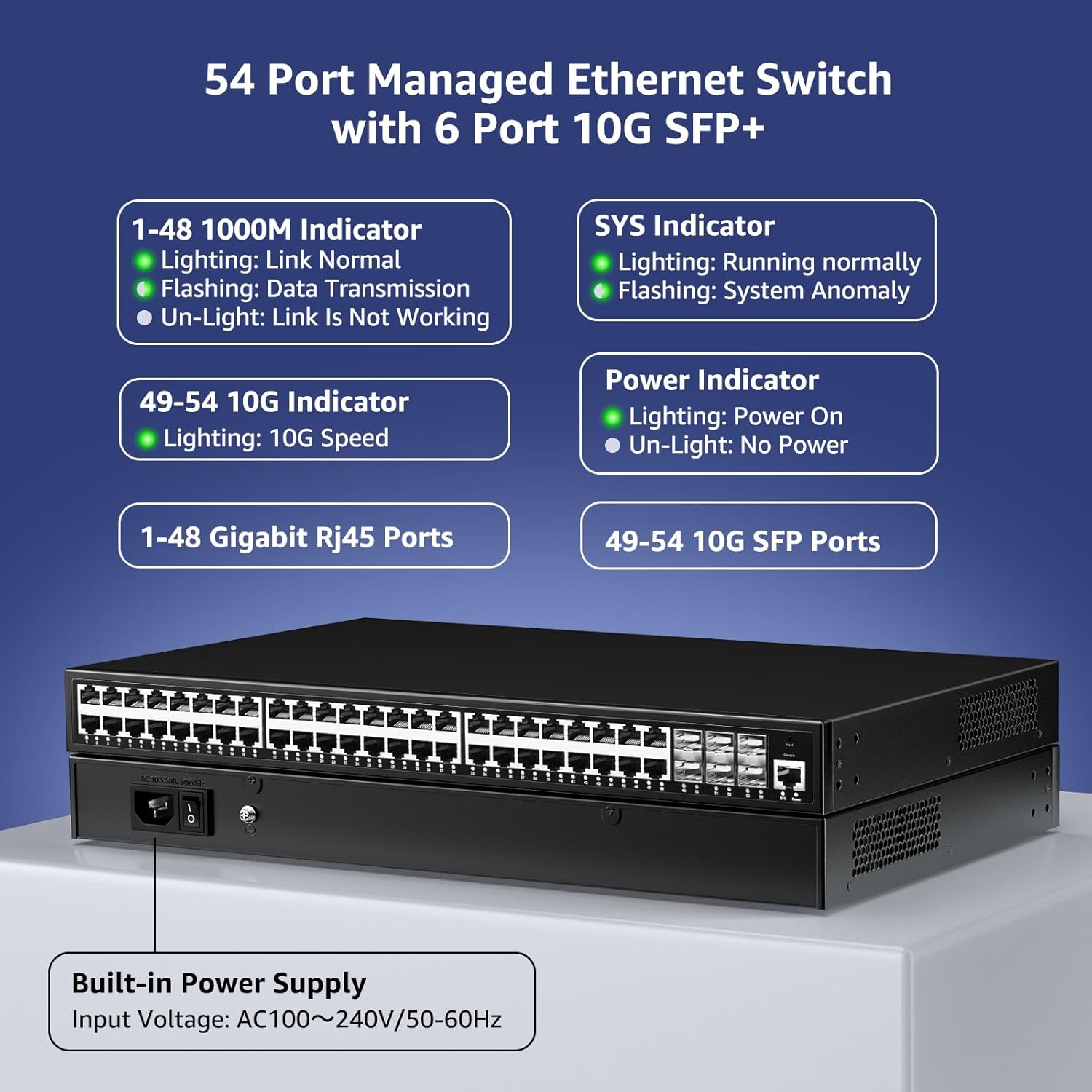 48 Port Gigabit Managed Network Switch with 6 Port Uplink 10Gbps SFP+, YuanLey 54 Port L3 Smart Managment Ethernet Switch, Desktop or Rackmount, Compatible for Cisco, Netgear