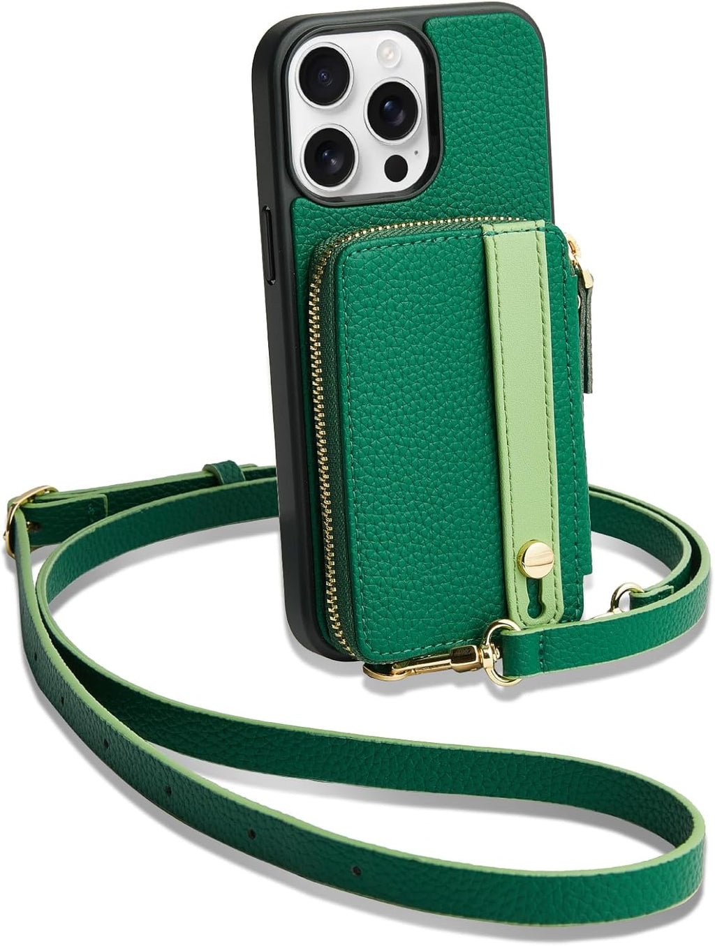 LAMEEKU for iPhone 15 Pro Wallet Case, Zipper Leather Card Slots Crossbody Cover Wrist Strap Lanyard with Phone Grip Holder Stand for iPhone 15 Pro 6.1 inch Dark Green