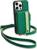 LAMEEKU for iPhone 15 Pro Wallet Case, Zipper Leather Card Slots Crossbody Cover Wrist Strap Lanyard with Phone Grip Holder Stand for iPhone 15 Pro 6.1 inch Dark Green