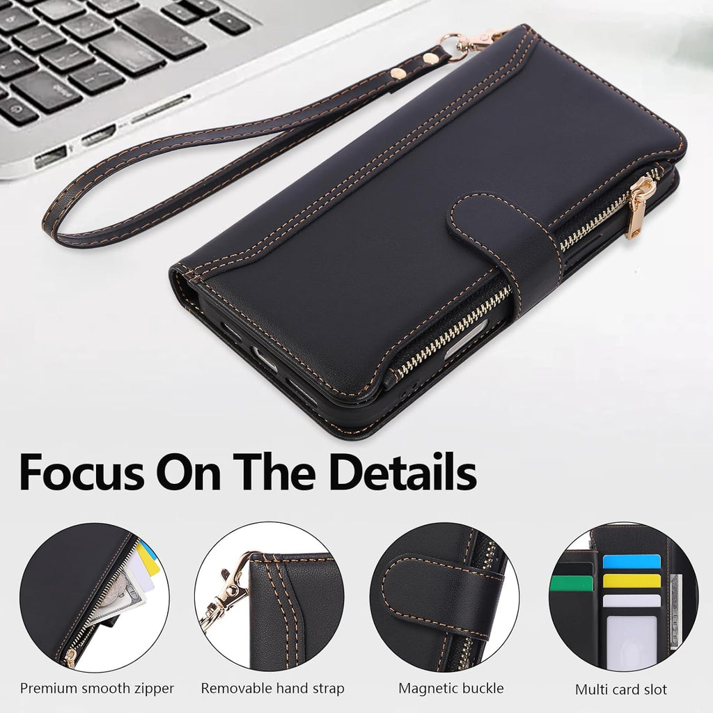 Compatible with iPhone 14 Pro Wallet Phone Case-PU Leather Magnetic Flip Cover with Credit Card Slots,Zipper Pocket & Detachable Wrist Strap,Shockproof Design,for Women and Men-Black