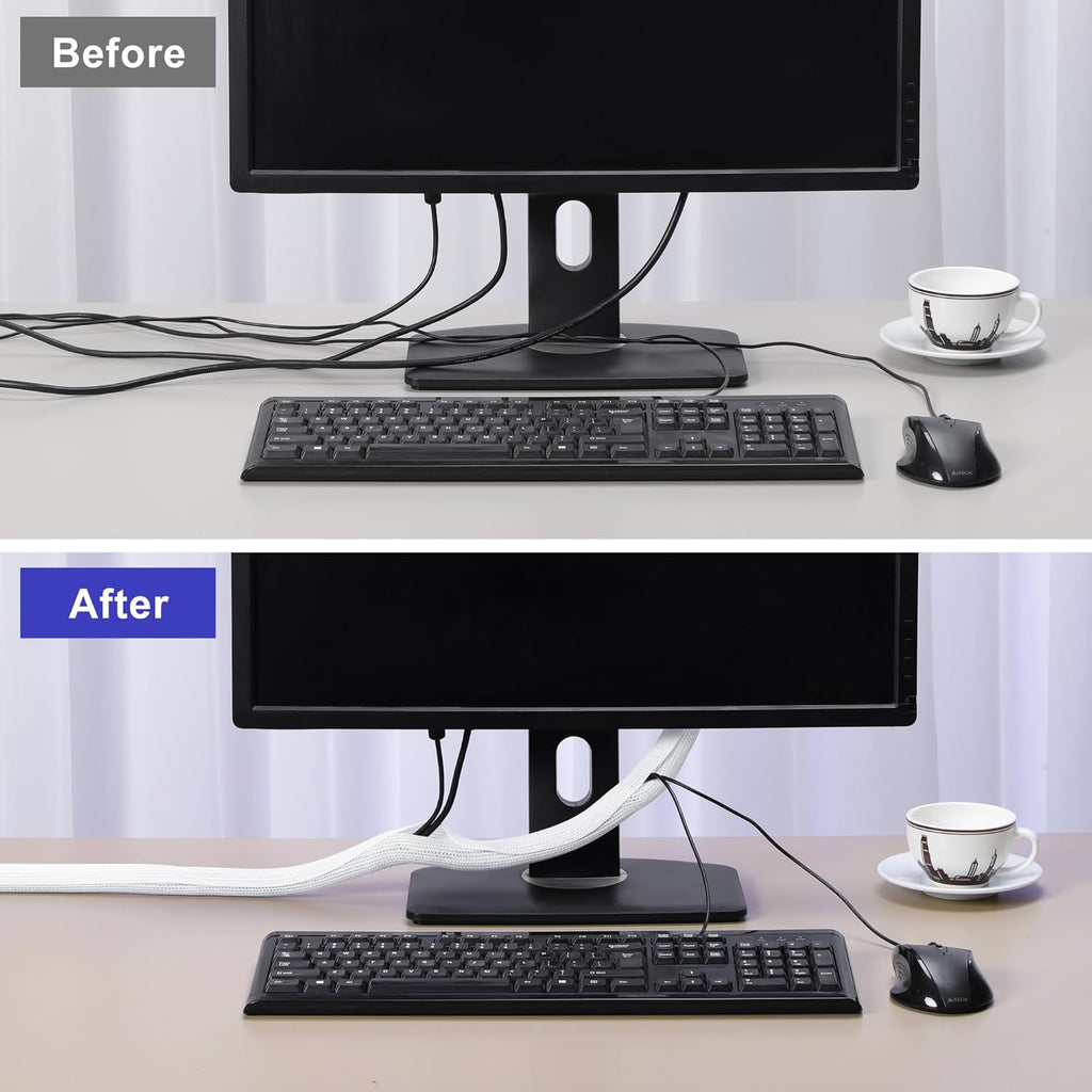 Cable Management Sleeves 1.5in - 2 Pack 4.1ft Split Braided Cable Sleeve White, Wire Organizers for Cords, Hard PE Cord Protectors from Pets, Flexible Cord Wrap Wire Sleeve for Computer Cord Organizer