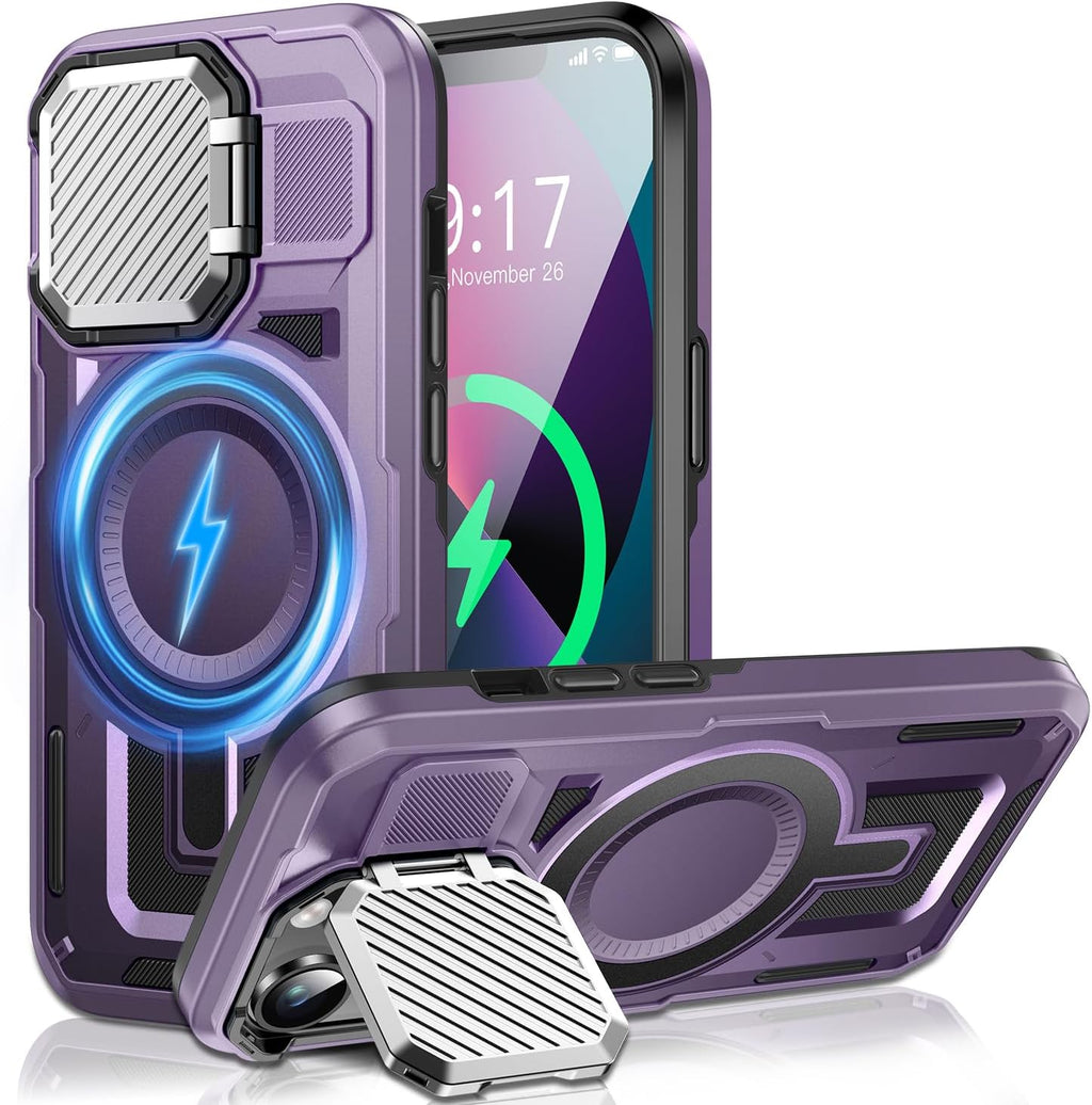 Camera Stand Case for iPhone 13/14, [Compatible with Mag Safe] [Lens Cover] 2024 Version Military Grade Protective Soft Case for iPhone 13/14 6.1 inch Men Women, Purple