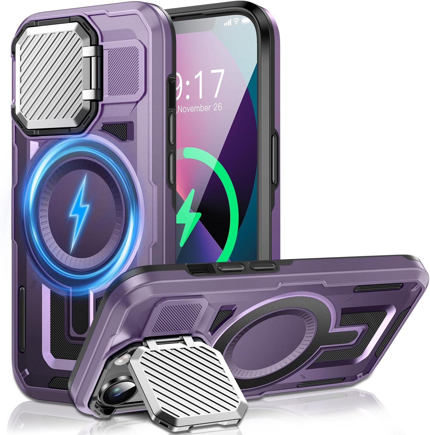 Camera Stand Case for iPhone 13/14, [Compatible with Mag Safe] [Lens Cover] 2024 Version Military Grade Protective Soft Case for iPhone 13/14 6.1 inch Men Women, Purple