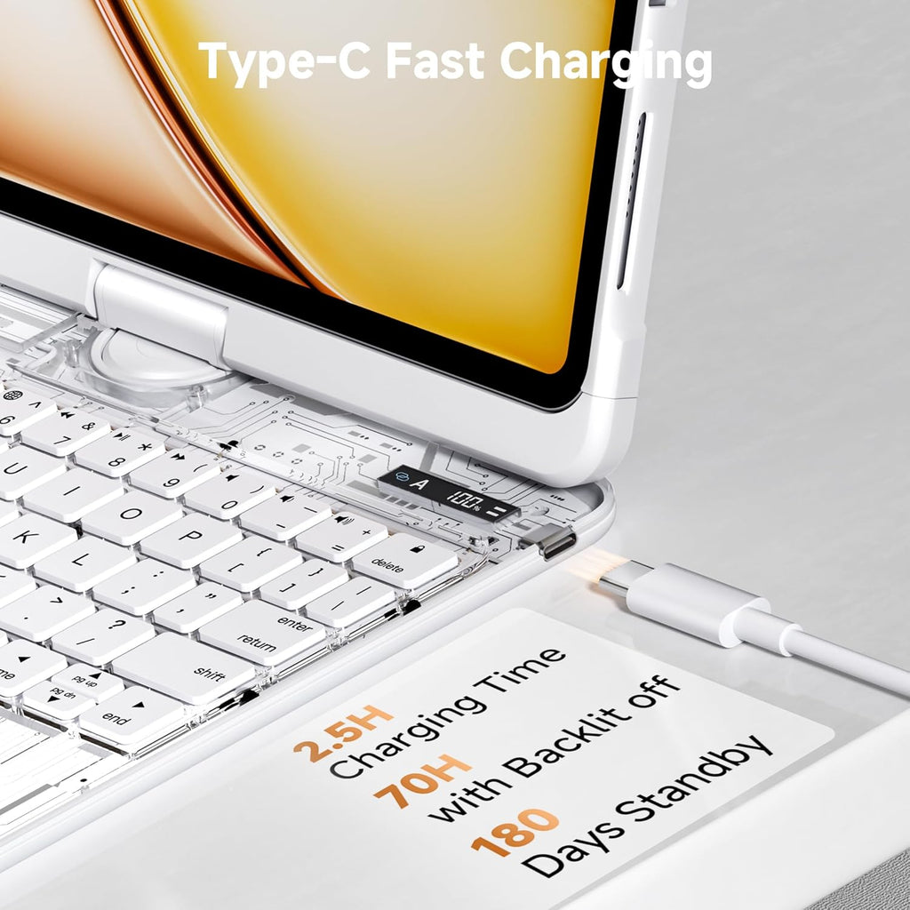 iPad Keyboard Case for iPad 10th Gen (2022) & 11th (A16, 2025), Magic Wireless Keyboard with Trackpad 7 Color Backlit, 360° Rotating Stand Transparent Protective Cover with Pencil Holder (White)