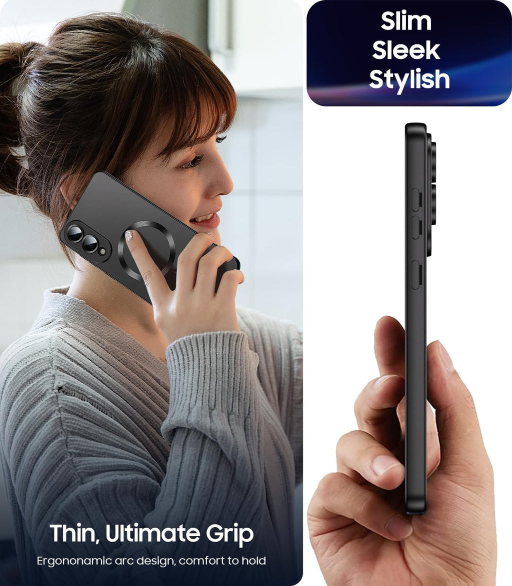Magnetic for Samsung Galaxy S25 Edge Case [Compatible with MagSafe][Built-in Camera Lens Protector] Slim Soft Silicone Bumper Shockproof Metallic Luster Phone Case (Black)