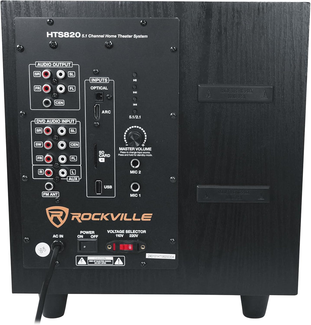 Rockville HTS820 1500W 5.1 Channel Home Theater System with 8" Subwoofer, Bluetooth, USB, Includes Remote and Speaker Mounts - Perfect for Movies, Music, Karaoke