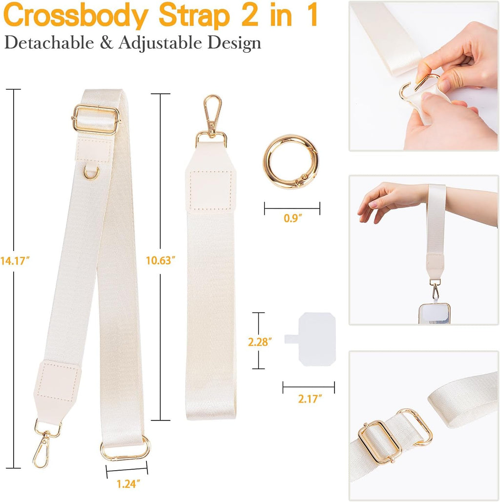 Phone Lanyard Crossbody with 2 Zipper Wallets, 2 Pcs-Save Girls Phone Strap Crossbody & Wrist Lanyard-1 Pad, Clip & Go Cellphone Strap with Pouch for Women, Universal Lanyard for Travel (Beige)