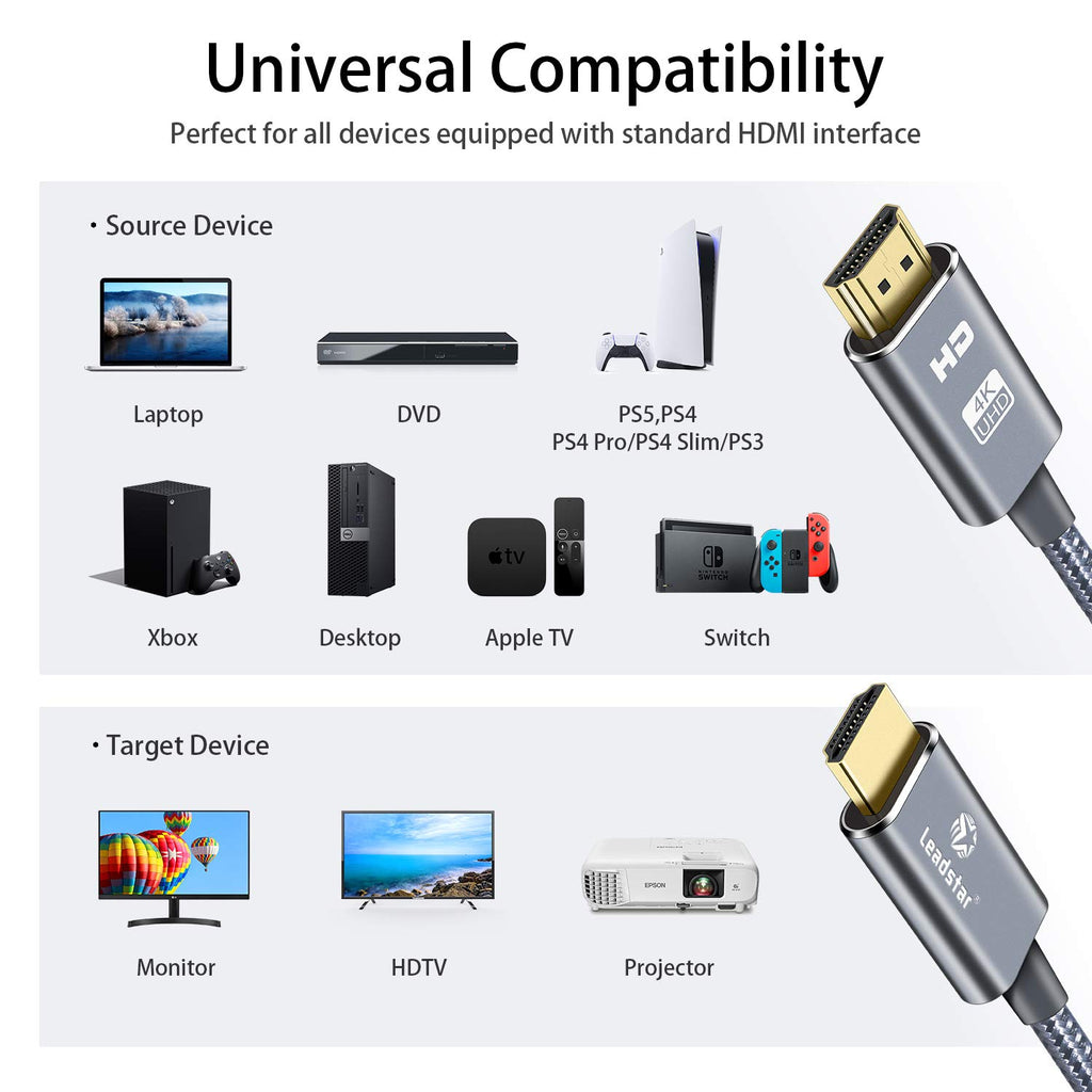 LEADSTAR HDMI Cable 4K 2 ft / 0.6m, High Speed HDMI 2.0 Cord Braided | 4K@60Hz, Ultra HD, 2160p, ARC, HDR, 3D, HDCP 2.2 | for Xbox, PS5, TV, Laptop, Monitor