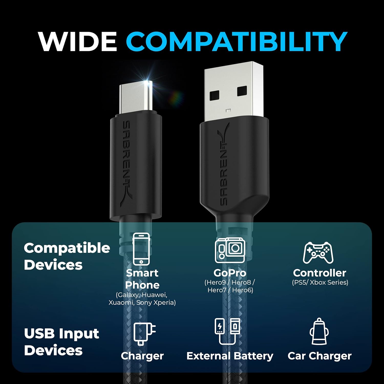 SABRENT [3-Pack 22AWG Premium 6ft USB-C to USB A 3.0 Sync and Charge Cables [Black] (CB-C3X6)