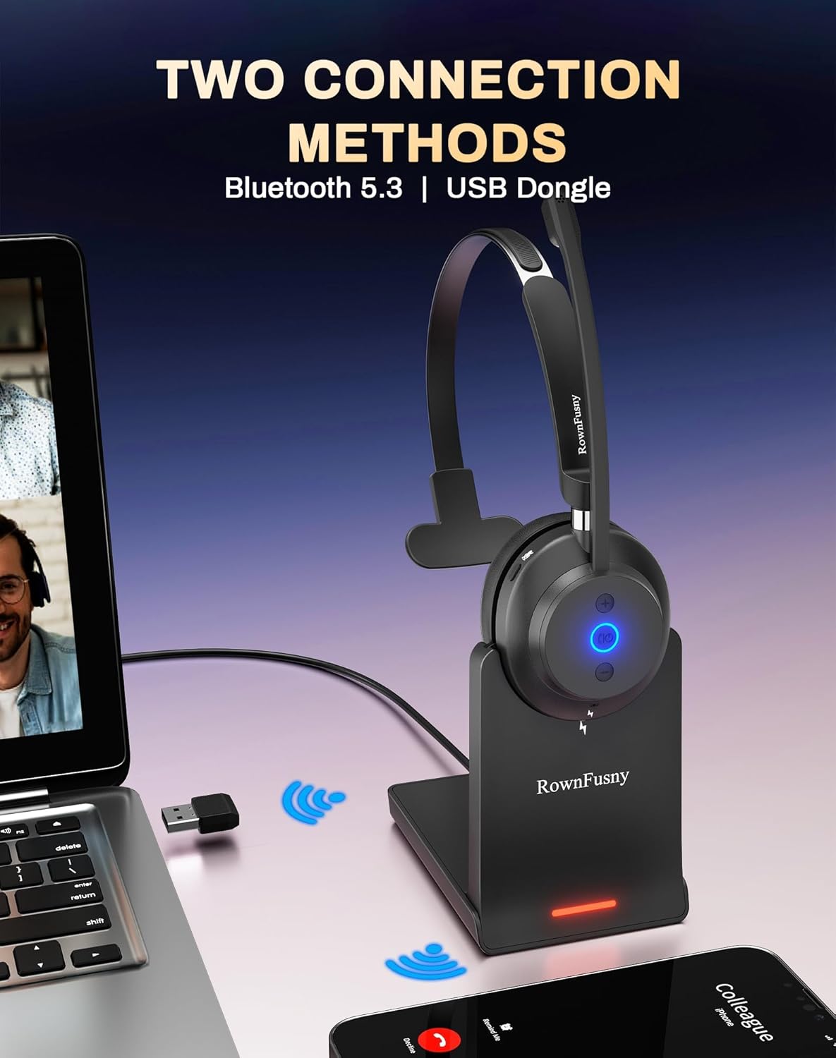 Wireless Headset with Mic for Work,Bluetooth Headphones for PC,Office,Call Center,Computer Headphones with Microphone 2.4Ghz USB Dongle & Bluetooth 5.3,Lightweight & Comfortable for Online Class,Home