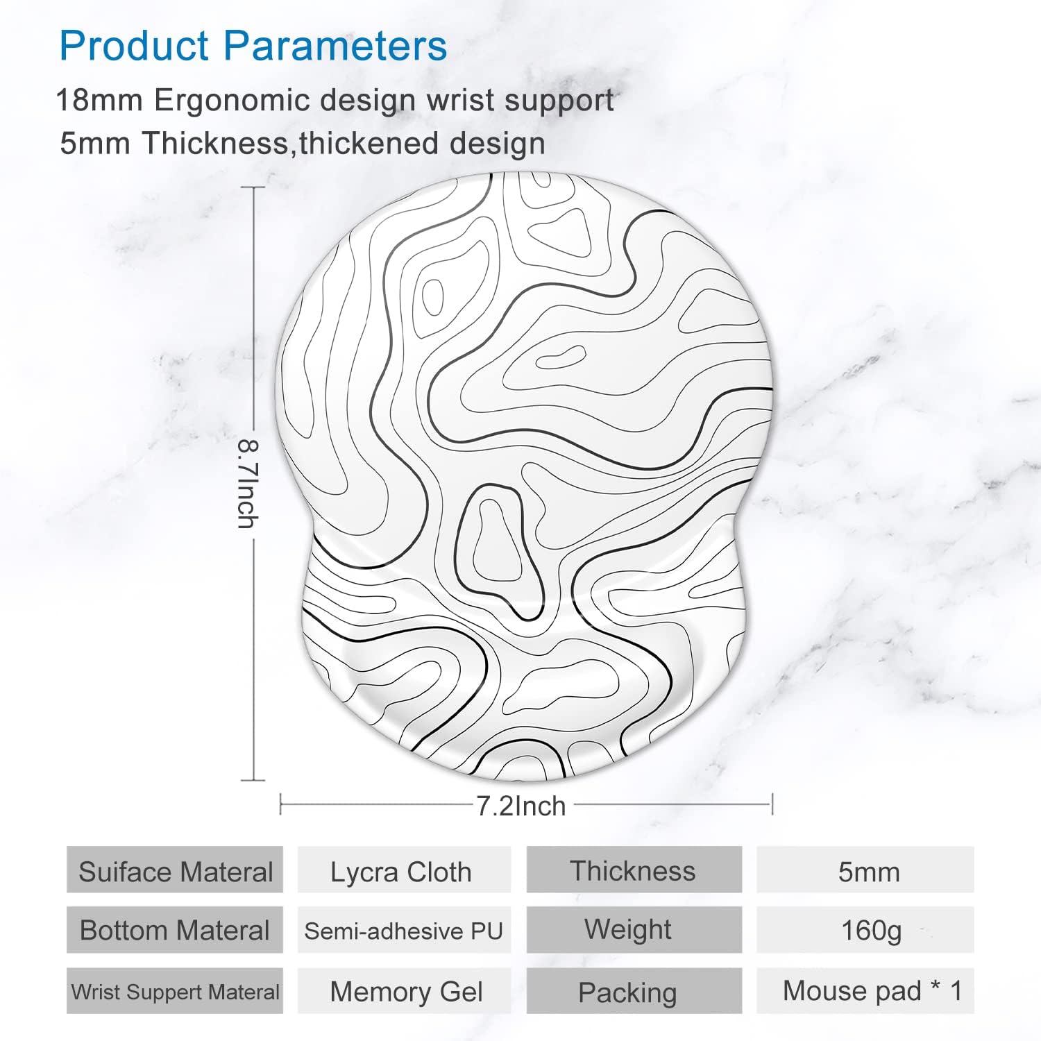 ITNRSIIET Ergonomic Mouse Pad with Gel Wrist Support Small Wrist Rest Smooth Surface Non-Slip PU Base Comfortable Office Supplies Pain Relief, 8.7 x 7.2 inches, Topographic Contour White