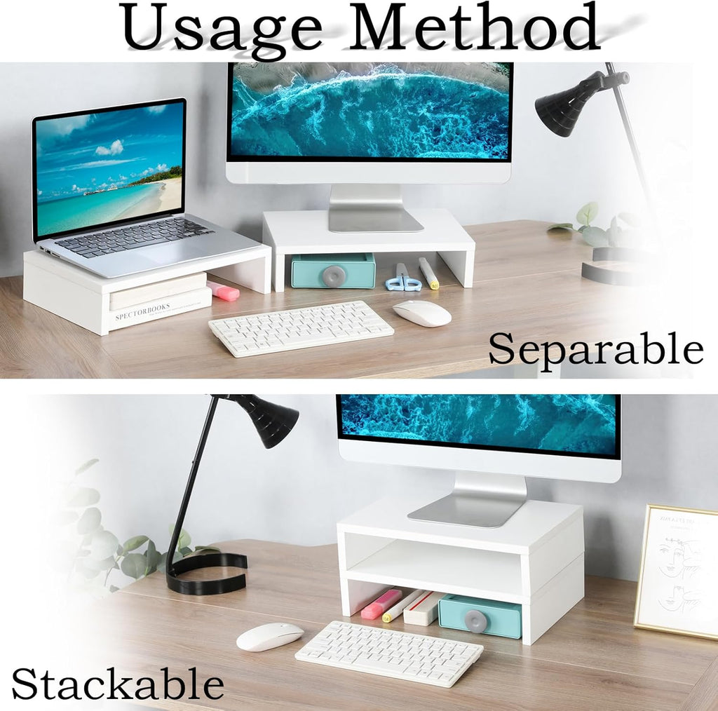 TEAMIX White Monitor Stand Riser - 2 Pack, Wood 2 Tier Adjustable Dual Monitor Riser for Laptop/PC Computer Stand for Desk
