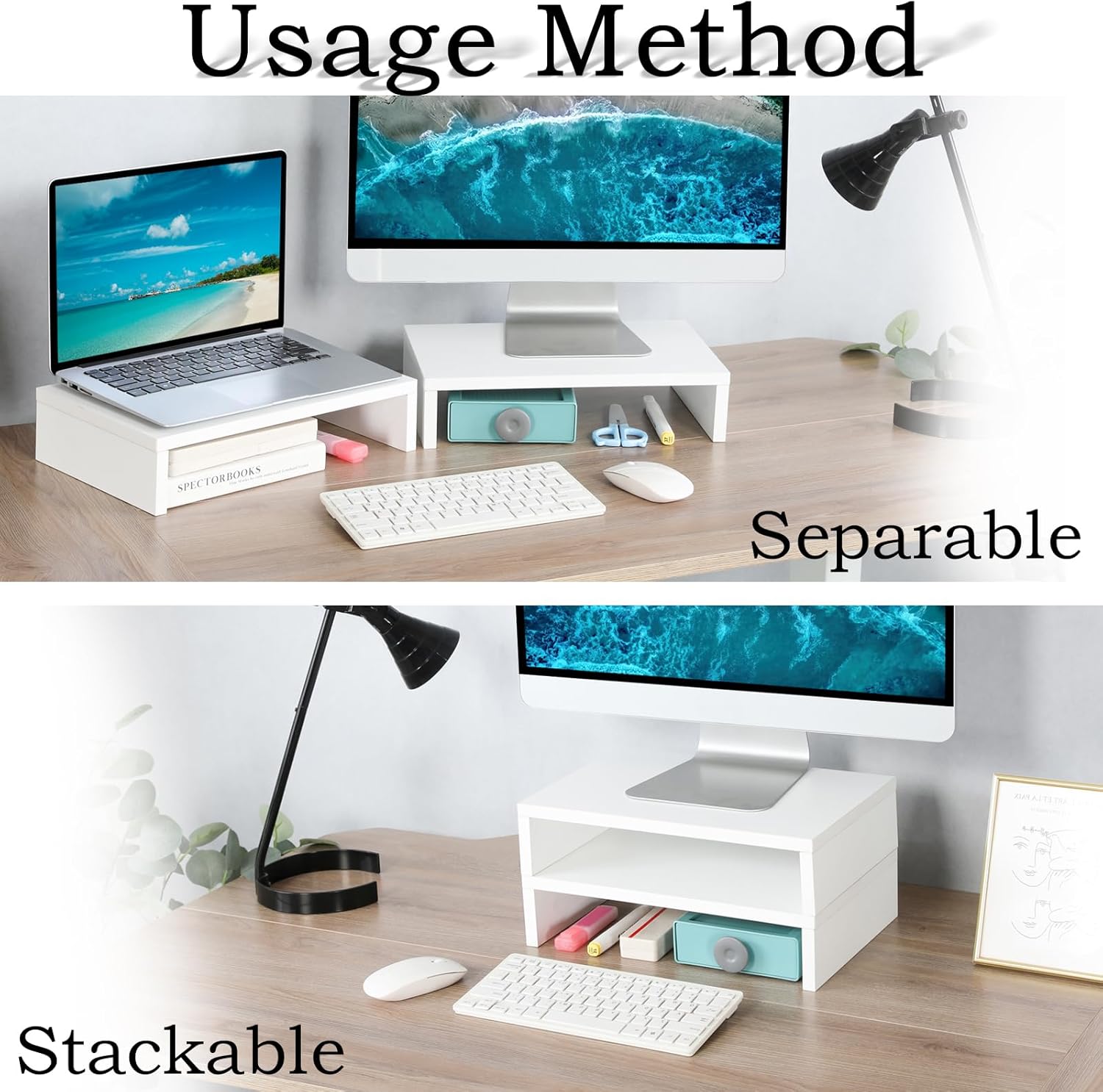 TEAMIX White Monitor Stand Riser - 2 Pack, Wood 2 Tier Adjustable Dual Monitor Riser for Laptop/PC Computer Stand for Desk