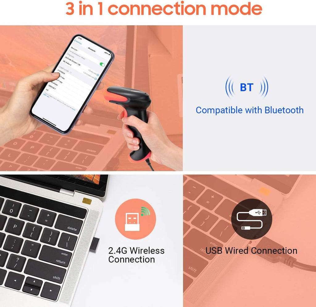 Tera Pro Wireless 2D QR Barcode Scanner 3 in 1 Bluetooth & 2.4GHz Wireless & USB Wired Connection Connect Smart Phone Tablet PC Image Bar Code Reader with Vibration Alert Model HW0002-O