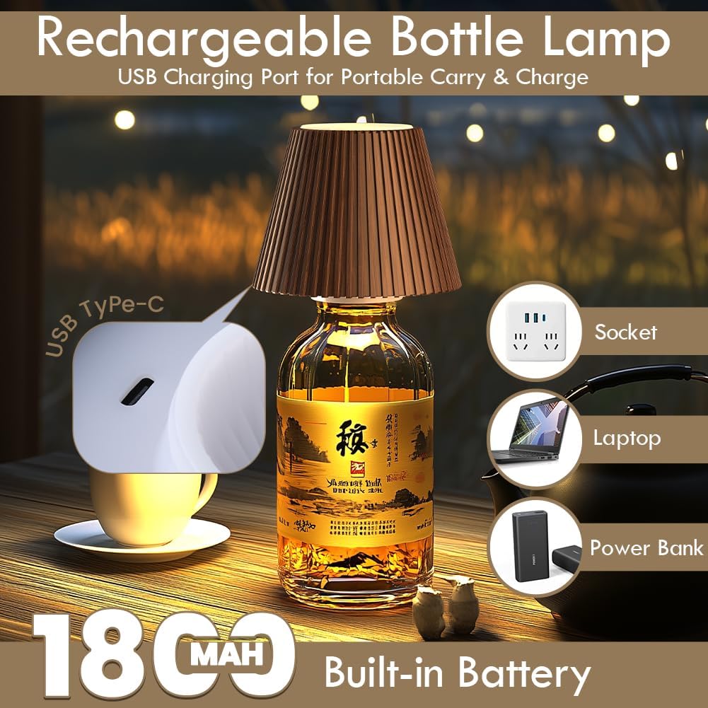 WILIT 2 Pack Wine Wirelss Bottle Lamp, 3-Level Brightness Cordless Table Lamp Shades, Rechargeable Battery Operated for Bedroom, Living Room, Kitchen Counter, Women Gifts for Her