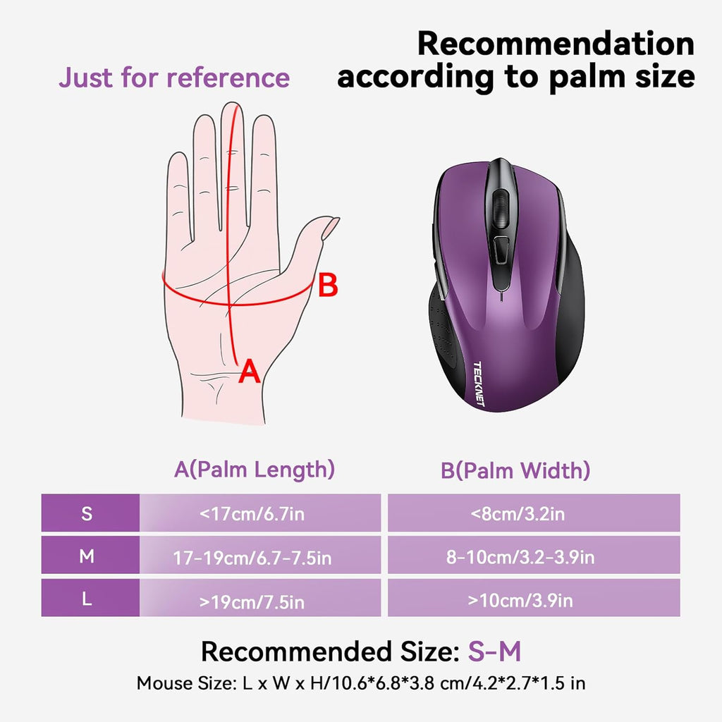 TECKNET Wireless Mouse (BT5.0/3.0 & 2.4G) Rechargeable 4800 DPI Silent USB A & Bluetooth Mouse 6 Buttons, Wide Compatibility - Purple
