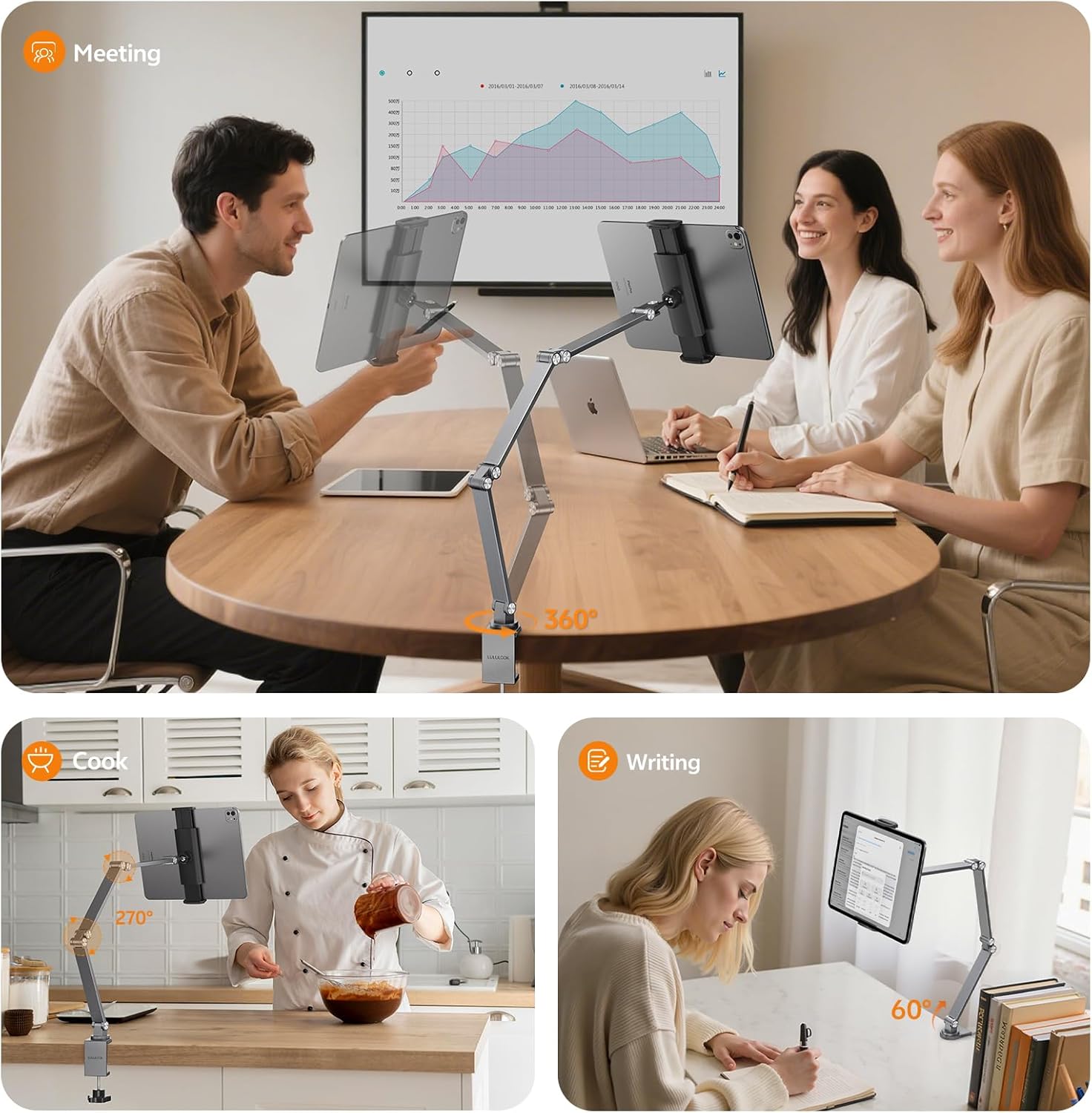 Tablet Stand iPad Phone Holder for Desk, Heavy Duty Aluminum 360° Rotating & Foldable Arm Mount Kindle Holder for Bed, Stand for iPad, Kindle, Portable Monitor, Samsung Galaxy Tab, Grey (Max 15.6")