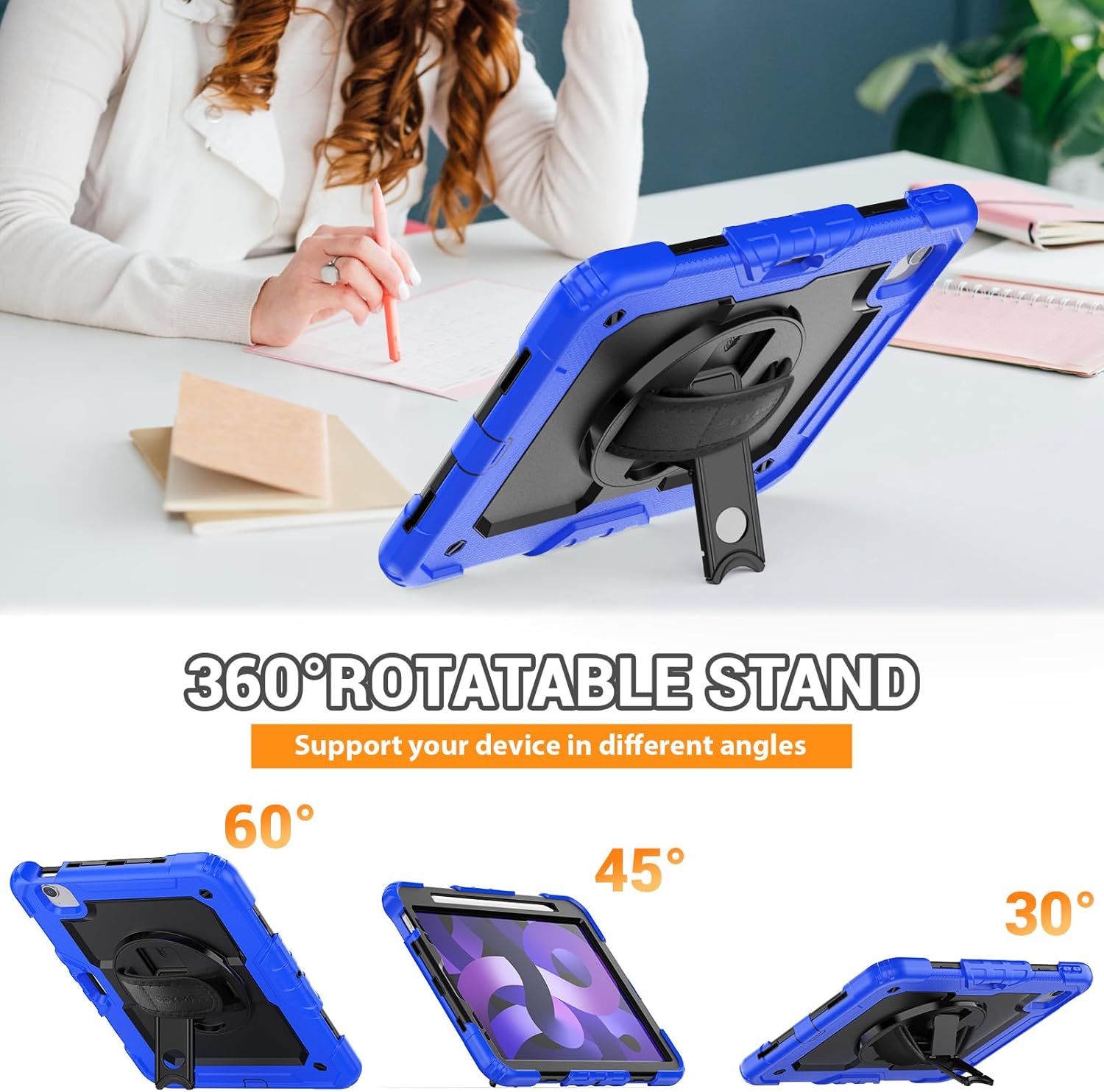 SEYMAC for iPad Air 5th/ 4th Generation Case 10.9 Inch, Full-Body Shockproof Protective Case with Screen Protector, Rotating Stand/Handle/Shoulder Strap/Pencil Holder for iPad Air 5/ Air 4, Blue