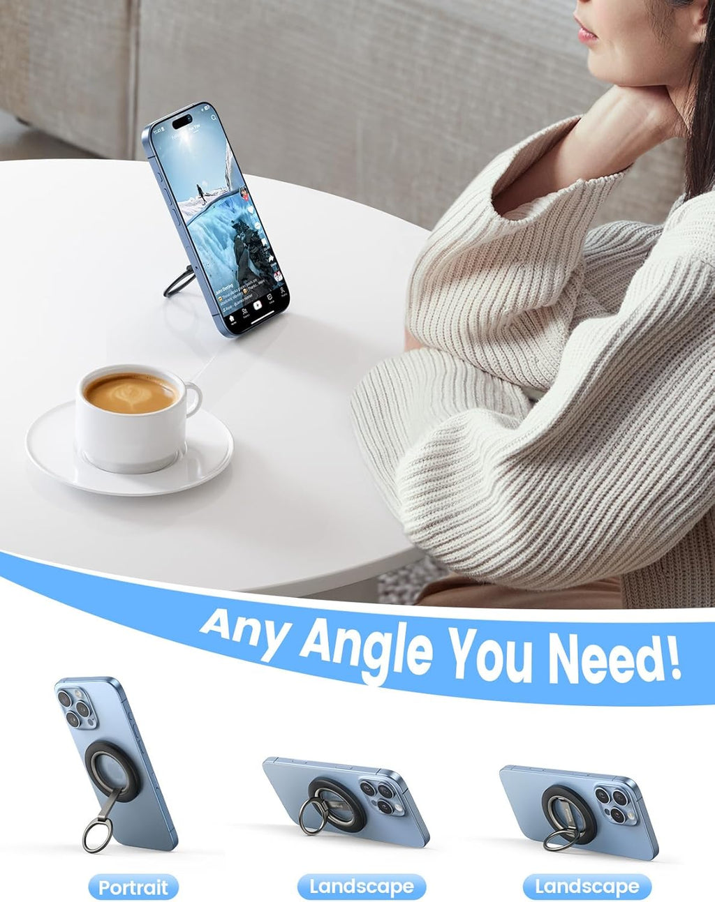 Lamicall 2025 [Stable Dual-Hinge] Magnetic Phone Grip Stand for MagSafe, Finger Ring Holder Phone Kickstand [Super Magnet] 360° Rotation Ring, Mag Safe Accessories for iPhone 16 15 14 Pro Max, Android